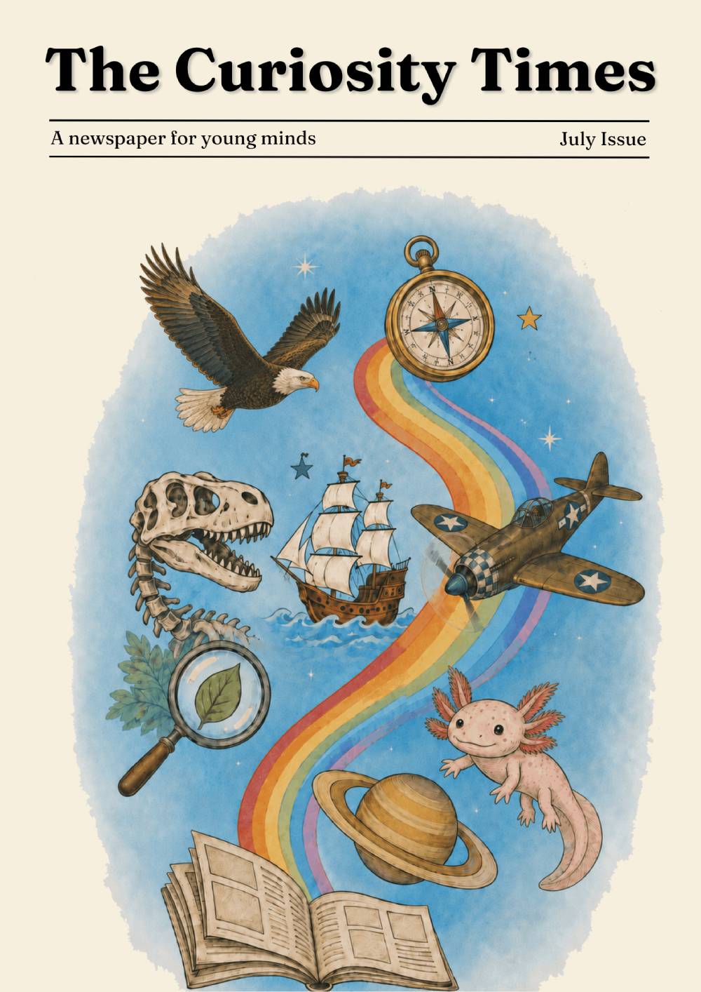 The front page of The Curiosity Times, Issue Nº 1: a rainbow flows from an open book, surrounded by a rocket, the Earth, a hot air balloon, a paint palette, a puzzle piece, and a sailing ship.