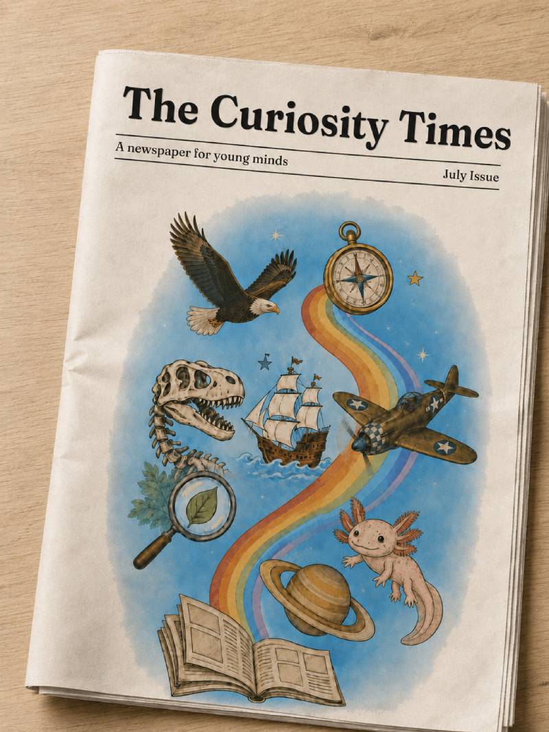 A child reading The Curiosity Times at a table, away from any screens.